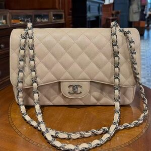 N16 Slightly Used Chanel Beige Caviar leather Jimbo Cf 30cm Starts with 15